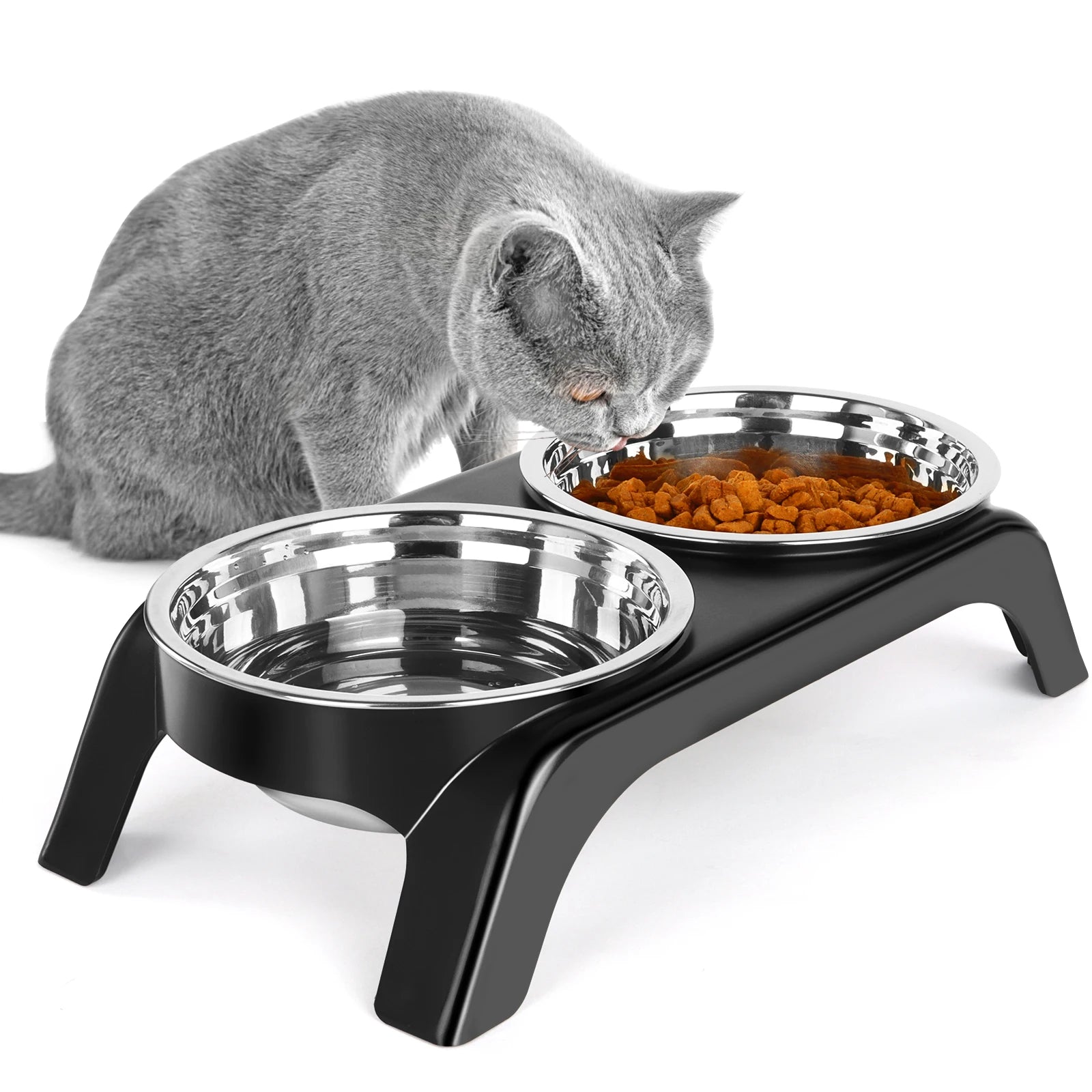 Elevated Stainless Steel Cat Bowl Set with Anti-Slip Stand